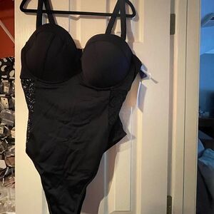 Black Lace One Piece Bathing Suit W/Gold Detail